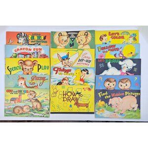 Vintage Childrens Activity Books Lot Of 14  Color Draw & Craft Saalfield 1953